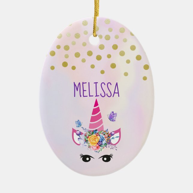 Trendy Unicorn with Floral Crown & Butterflies Ceramic Tree Decoration (Front)