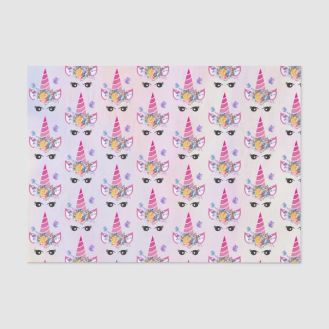 Trendy Unicorn with Floral Crown & Butterflies Tissue Paper (Front)