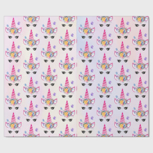 Trendy Unicorn with Floral Crown & Butterflies Wrapping Paper