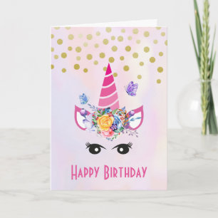 Trendy Unicorn with Flowers Butterflies & Confetti Card