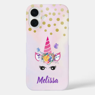 Trendy Unicorn with Flowers Butterflies & Confetti iPhone 16 Case