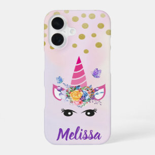 Trendy Unicorn with Flowers Butterflies & Confetti iPhone 16 Case