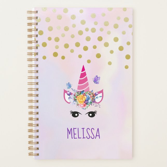 Trendy Unicorn with Flowers Butterflies & Confetti Planner (Front)