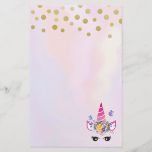 Trendy Unicorn with Flowers Butterflies & Confetti Stationery