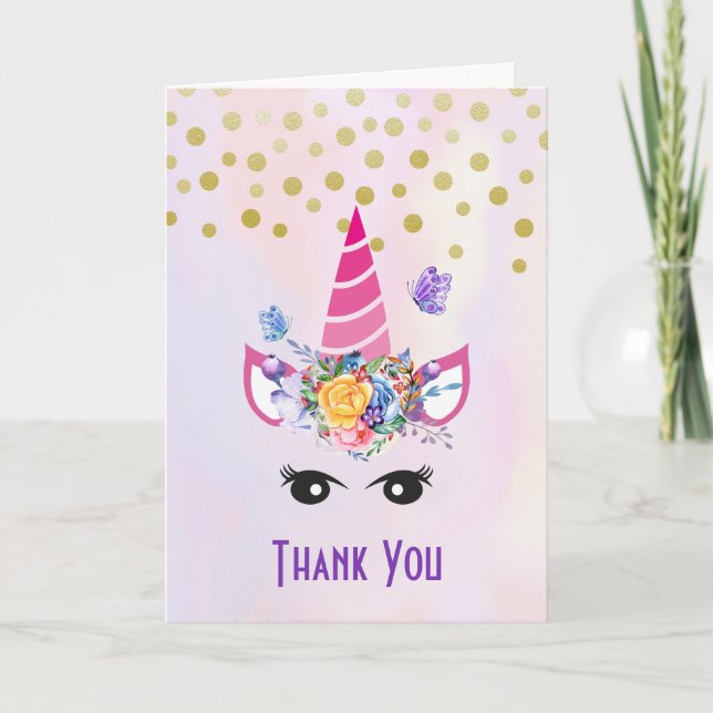 Trendy Unicorn with Flowers Butterflies & Confetti Thank You Card (Front)