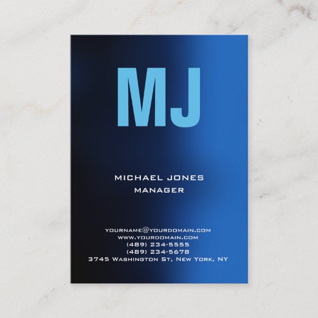 Trendy unique blue vertical huge monogram business card (Front)