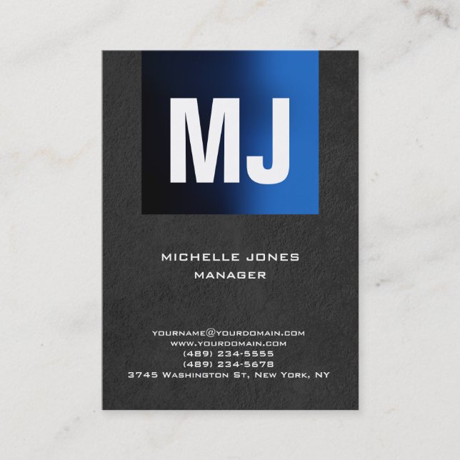 Trendy unique grey blue professional monogram business card (Front)