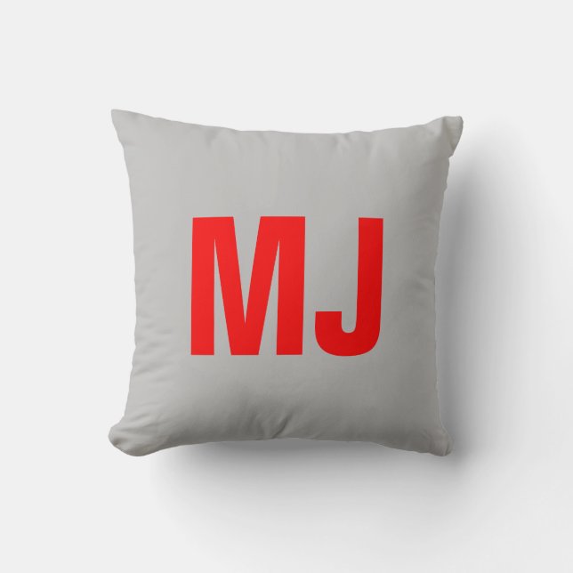 Trendy unique grey red bold monogram name initials cushion (Front)
