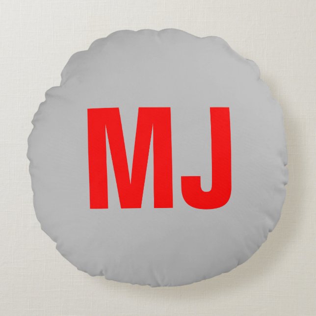 Trendy unique grey red bold monogram name initials round cushion (Front)