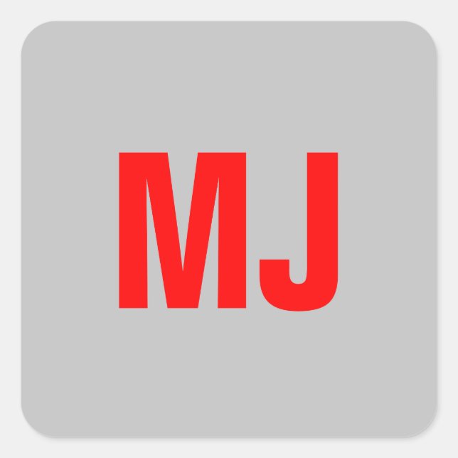Trendy unique grey red bold monogram name initials square sticker (Front)