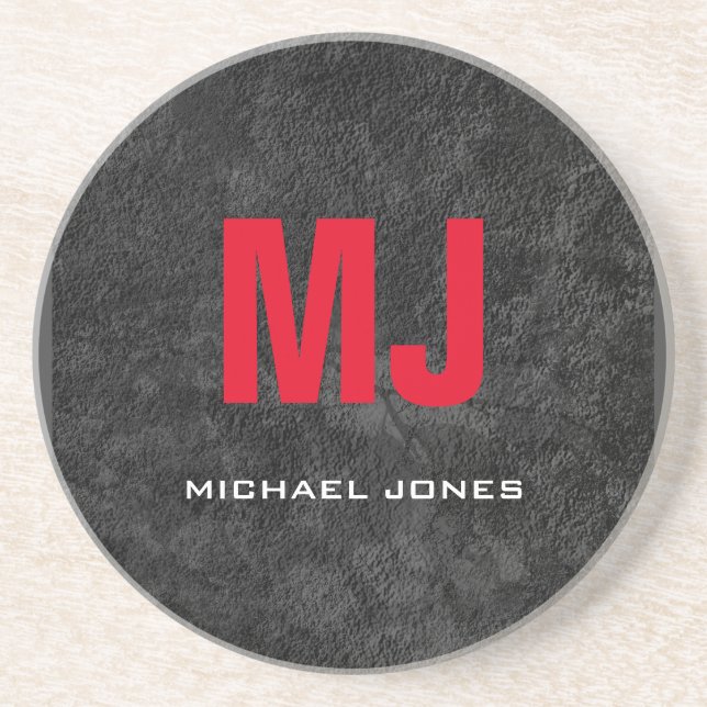 Trendy unique grey red monogram your name coaster (Front)