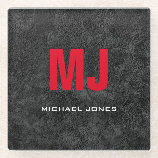 Trendy unique grey red monogram your name glass coaster (Front)