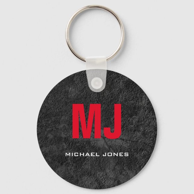 Trendy unique grey red monogram your name key ring (Front)
