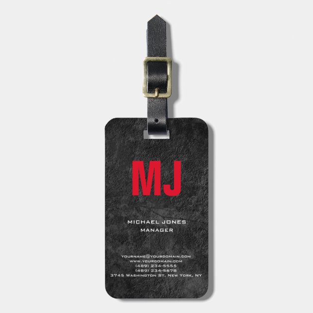 Trendy unique grey vertical red monogram luggage tag (Front Vertical)