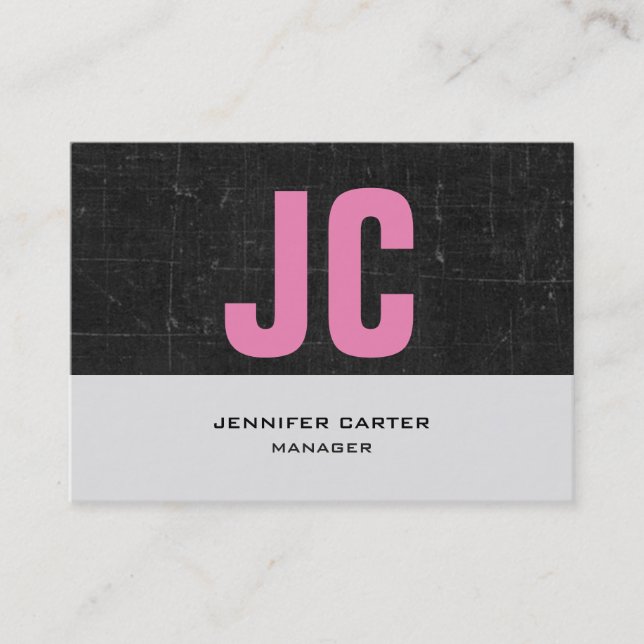 Trendy unique horizontal pink black grey monogram business card (Front)