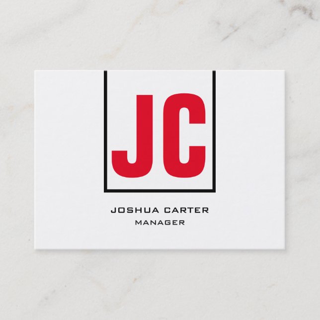 Trendy unique horizontal red white monogram business card (Front)