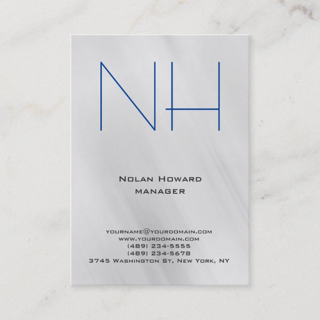 Trendy unique plain simple grey blue monogram business card (Front)