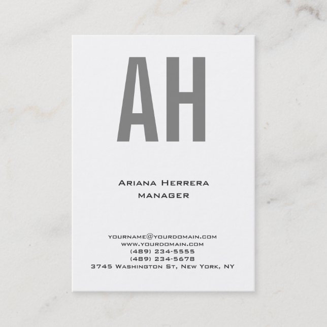 Trendy unique plain simple white grey monogram business card (Front)