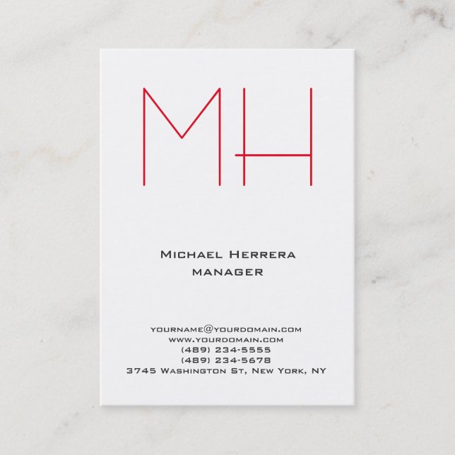 Trendy unique plain simple white red monogram business card (Front)