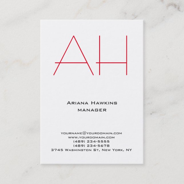 Trendy unique plain simple white red monogram business card (Front)