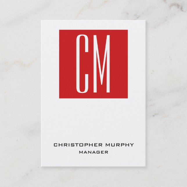 Trendy unique red white vertical chubby monogram business card (Front)