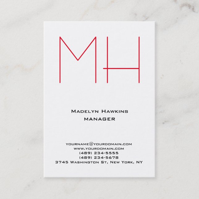 Trendy unique white professional monogram business card (Front)