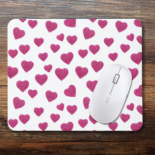 Trendy Valentine Pink Glitter Hearts on White Mouse Mat