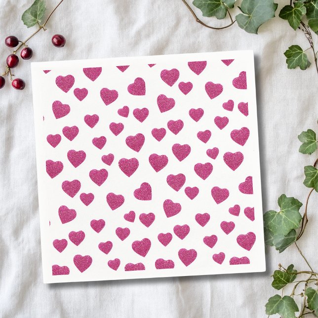 Trendy Valentine Pink Glitter Hearts on White Napkin (Creator Uploaded)