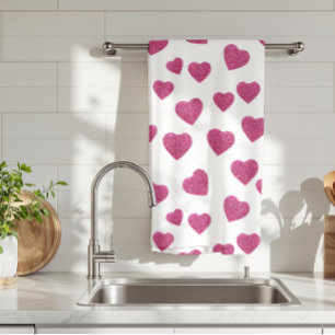 Trendy Valentine Pink Glitter Hearts on White Tea Towel