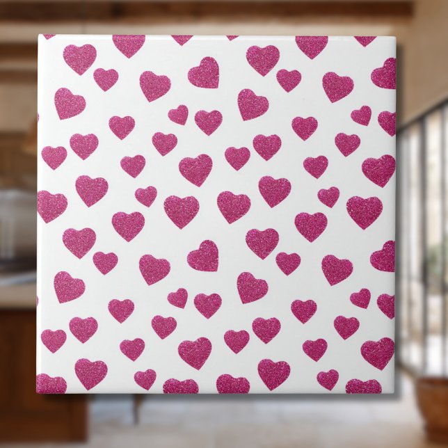 Trendy Valentine Pink Glitter Hearts on White Tile (Creator Uploaded)