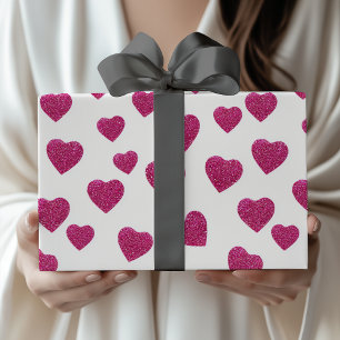 Trendy Valentine Pink Glitter Hearts on White Wrapping Paper