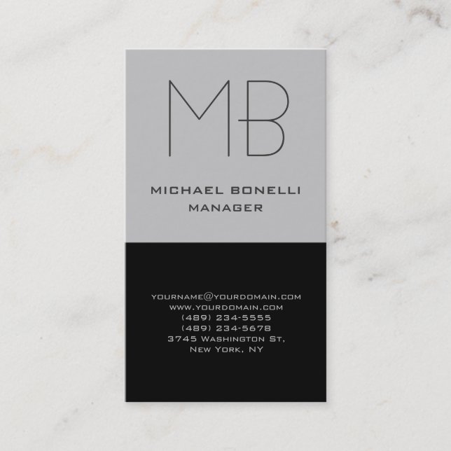 Trendy vertical grey black monogram business card (Front)