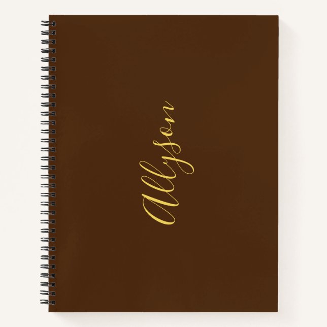 Trendy Vertical Name in Gold Script, Chocolate Notebook (Front)