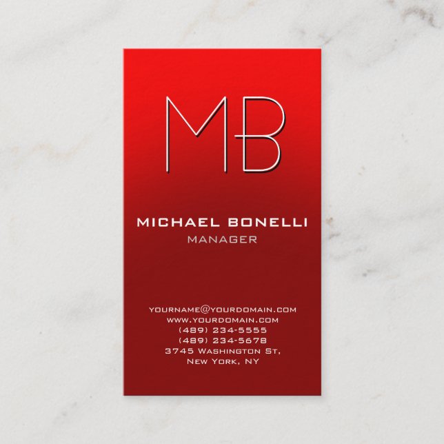 Trendy vertical red orange monogram business card (Front)