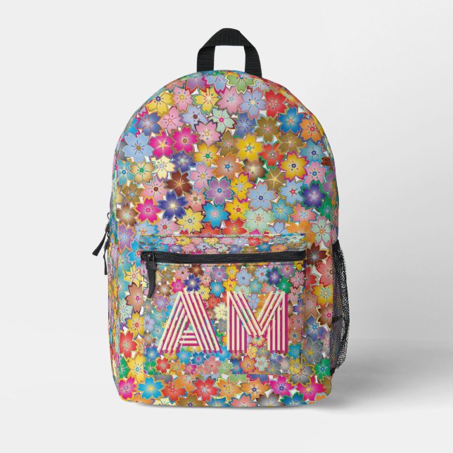 Trendy Vibrant Floral Backpack Custom Monogram (Front)