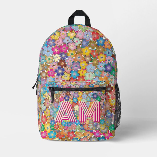 Trendy Vibrant Floral Backpack Custom Monogram (Front)