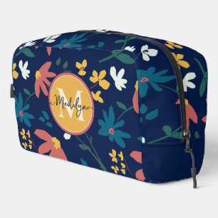 Trendy Vibrant Floral Pattern on Blue Monogram Dopp Kit