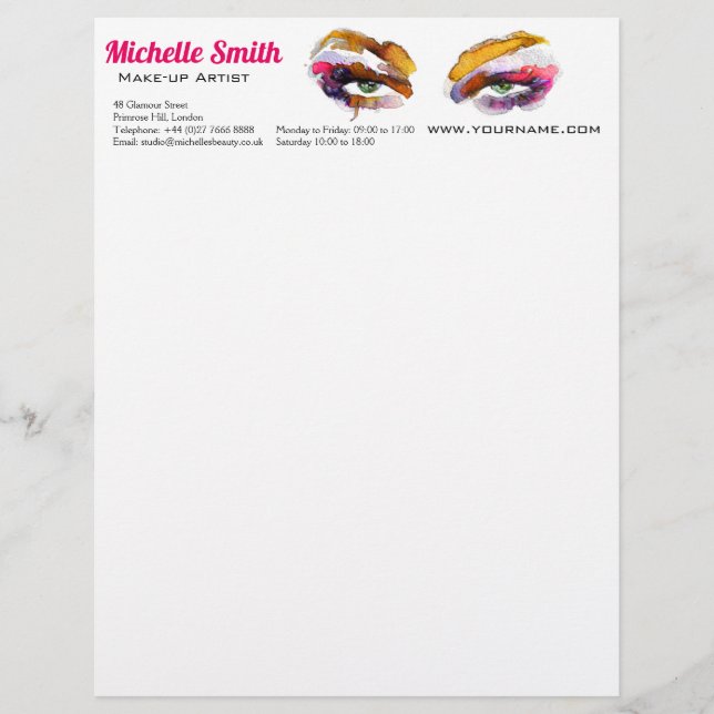 Trendy Vibrant Watercolor Eye Makeup Artist Custom Letterhead (Front)