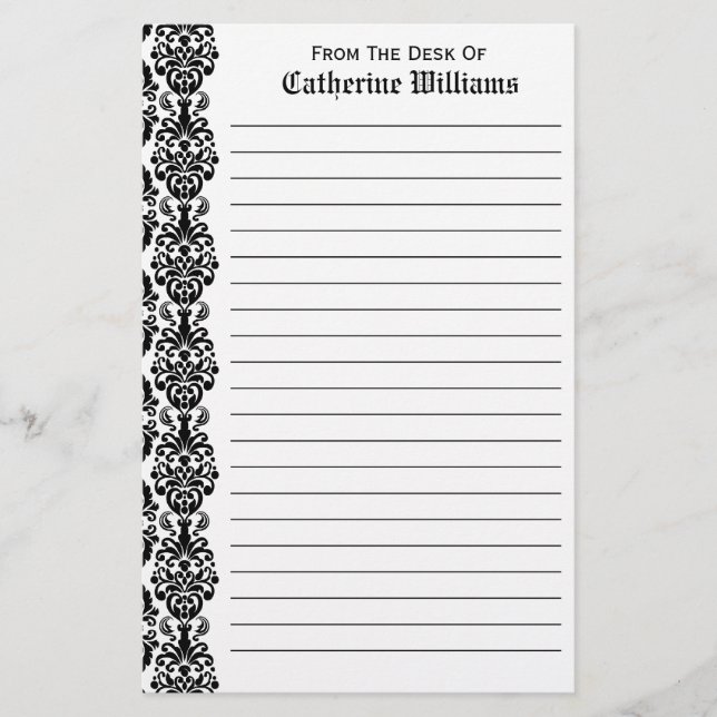 Trendy Victorian Black Lace Damask Side Border Stationery (Front)