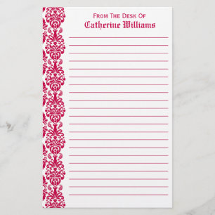Trendy Victorian Hot Pink Lace Damask Side Border Stationery