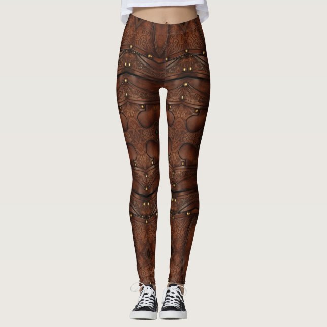 Trendy Viking Chest Armor,Brown Leather Abstract Leggings (Front)
