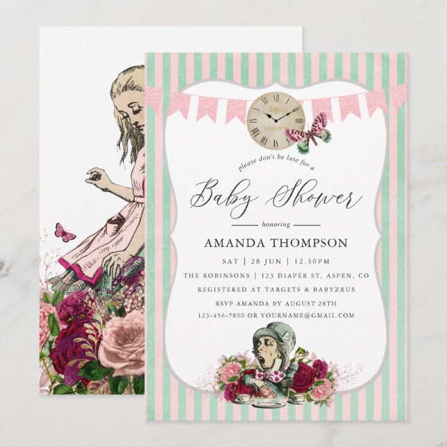 Trendy Vintage Alice In Wonderland Baby Shower Invitation (Front/Back)