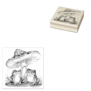 Trendy vintage  Cute Frog and Mushrooms   Rubber Stamp