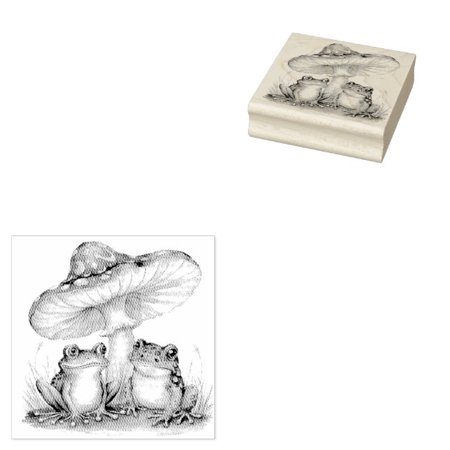 Trendy vintage  Cute Frog and Mushrooms   Rubber Stamp (Stamped)