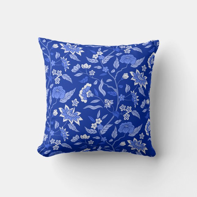 Trendy Vintage Inspired Blue Floral Pattern  Cushion (Front)