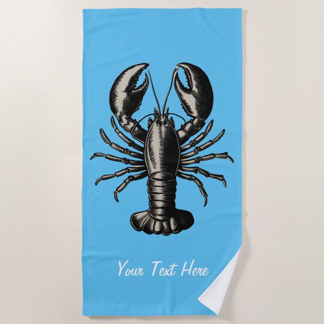 Trendy vintage Lobster  Personalised blue Beach Towel (Front)
