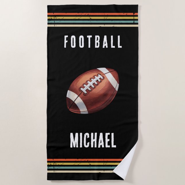 Trendy Vintage Personalised Football Ball Black  Beach Towel (Front)