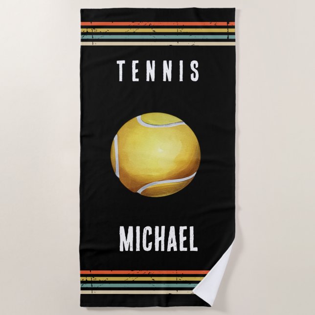 Trendy Vintage Personalised Tennis Black  Beach Towel (Front)
