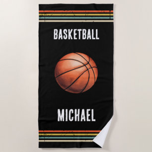 Trendy Vintage Personalized Basketball Black       Beach Towel