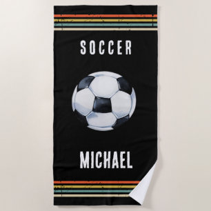 Trendy Vintage Personalized Soccer Ball Black  Beach Towel